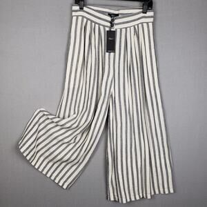 Kate C Women's L Wide Leg Cotton Pants Cream Blue Stripe Coastal Nautical Beach